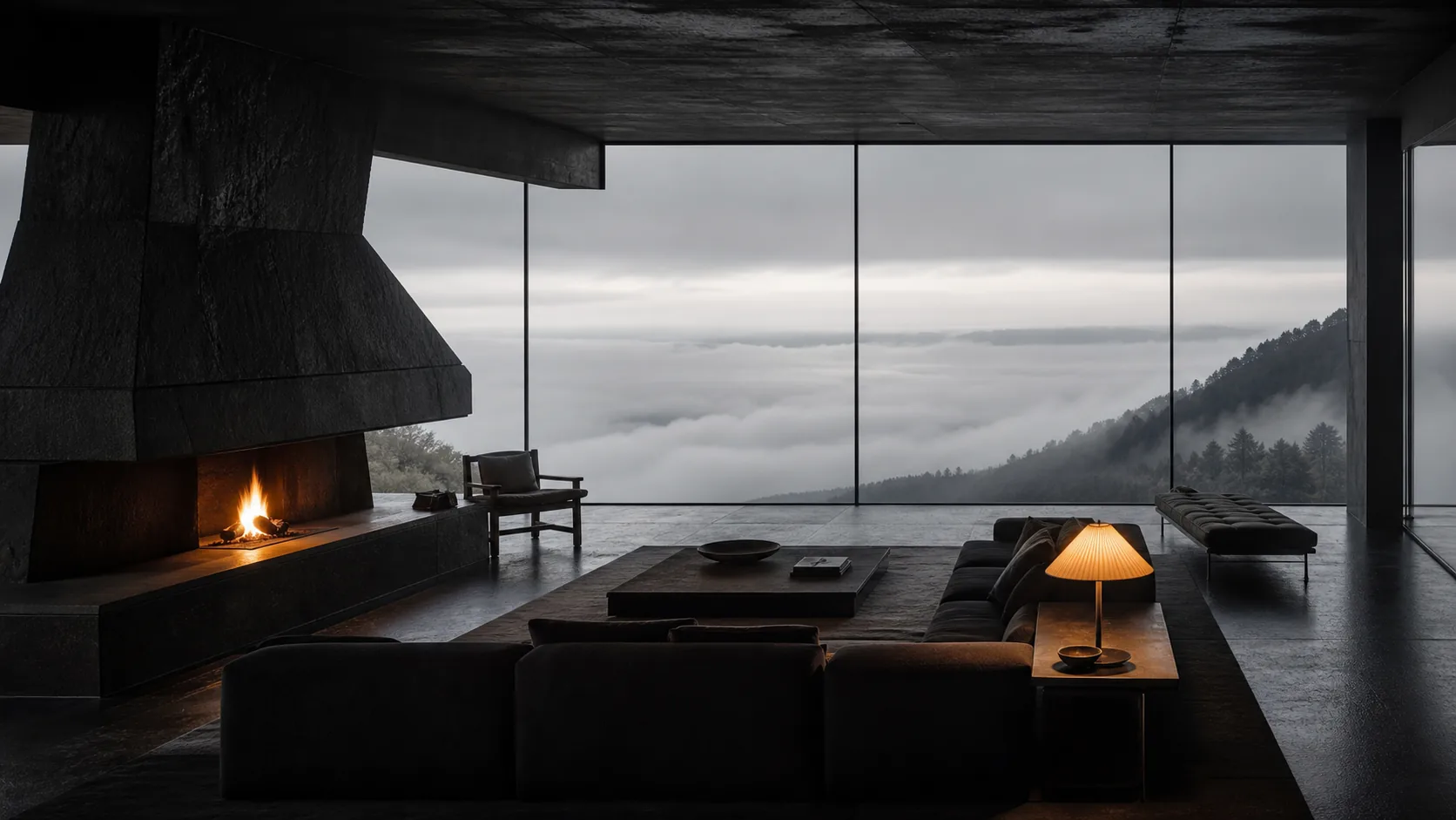 Interior fictício minimalista diante das nuvens